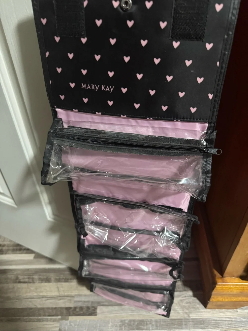 Mary Kay Black Cosmetic Pouch with Pink Heart Pattern